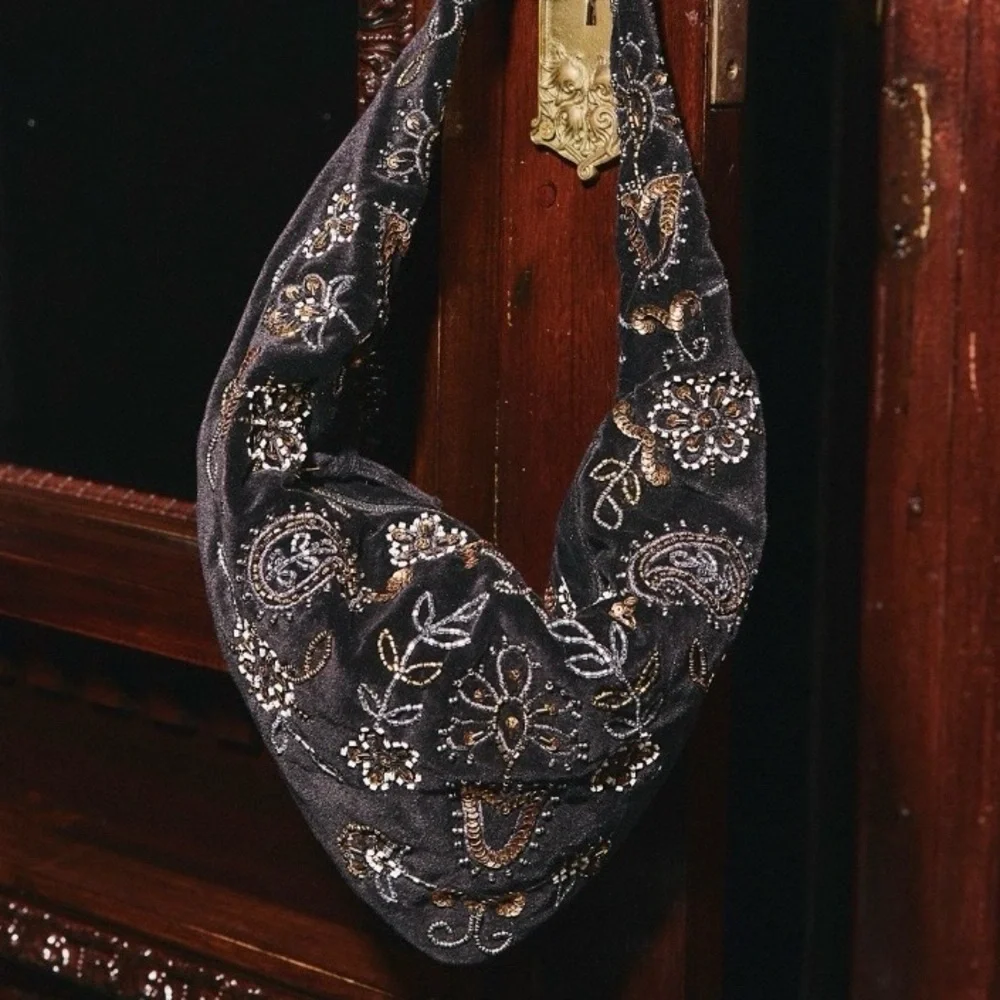 Free People Velvet Bag with Embroidery in Black. Brand new!